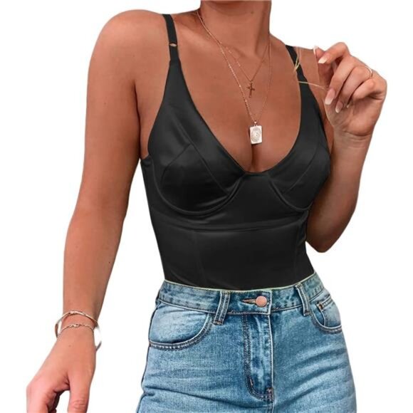 Women's Shiny Deep V-Neck Thong Bodysuit – Tank Top with Underwire - Picture 1 of 6